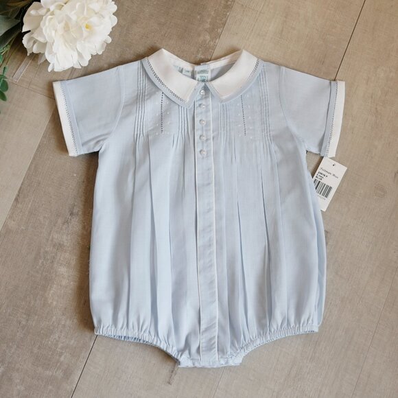 Button Front Dot Creeper Romper Blue Feltman Brothers Portrait Special Occasion - Picture 1 of 5